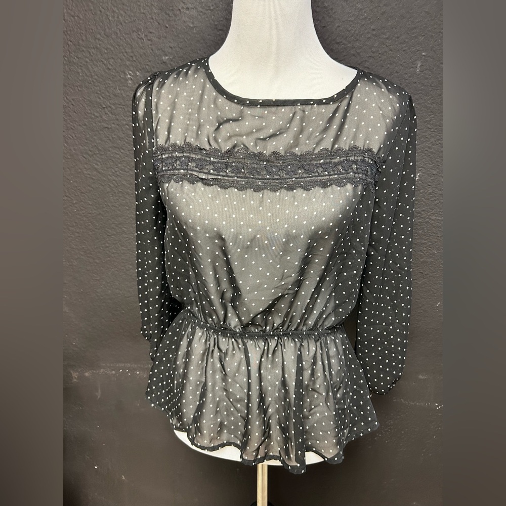 Lily Rose | Polka Dot Sheer Peplum Black Blouse
